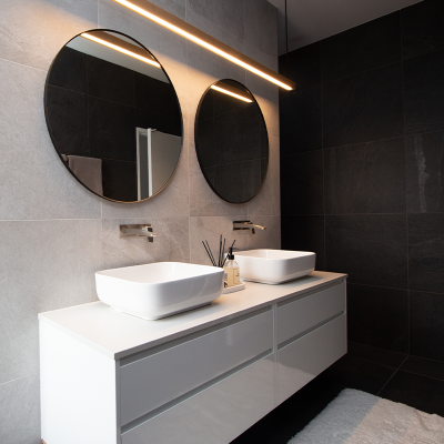 Luxury bathroom with stone tiles